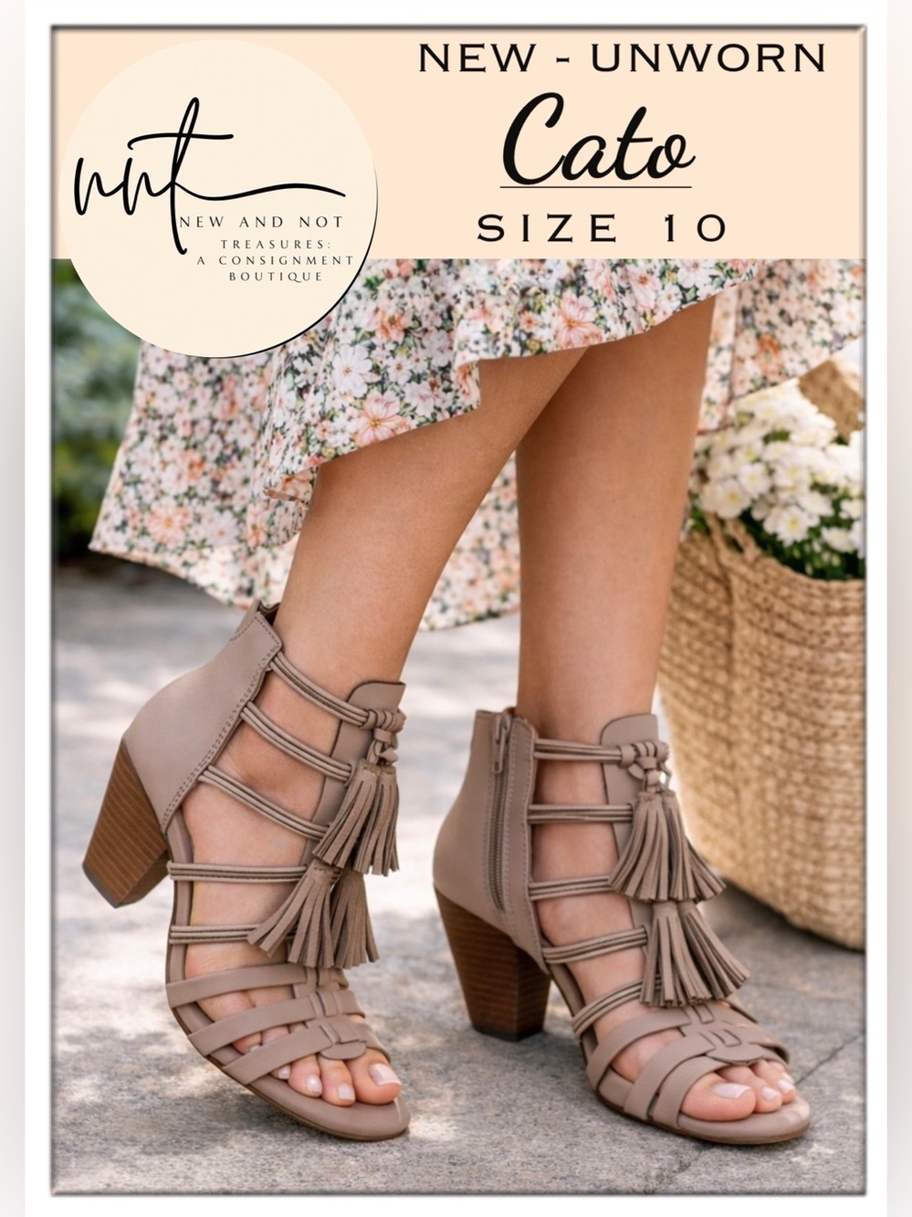 Cato Taupe Tassel Strappy Block Heel Sandals – Size 10 – New/Unworn